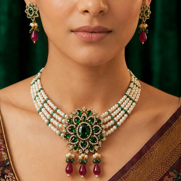 Royal Pearl & Emerald Stone Choker Necklace Set for Women