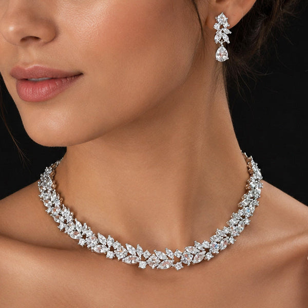 Elegant Crystal Leaf Bridal Necklace & Drop Earrings Set for Women