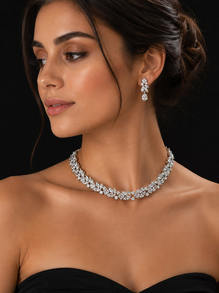 Elegant Crystal Leaf Bridal Necklace & Drop Earrings Set for Women