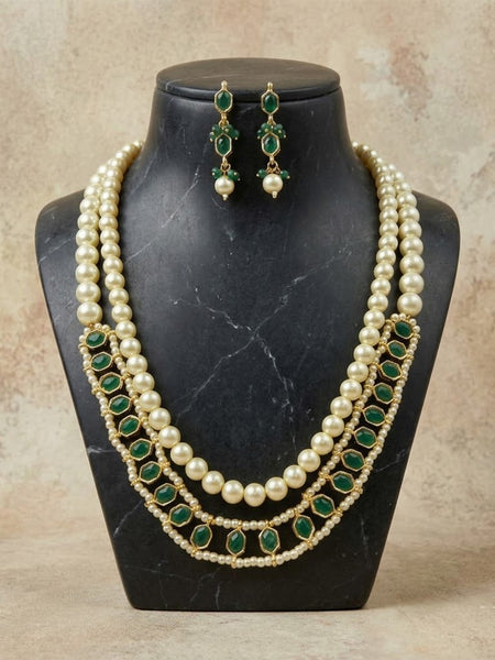 Royal Green Kundan & Pearl Layered Necklace Set