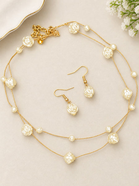 Elegant Brass Pearl Necklace & Earrings Set with Shell-Coated Pearls