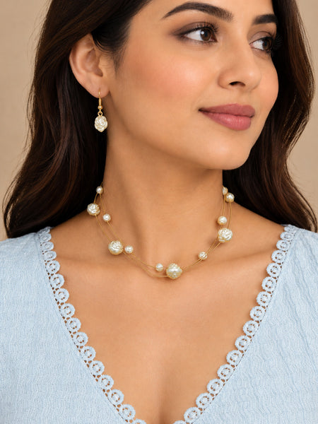 Elegant Brass Pearl Necklace & Earrings Set with Shell-Coated Pearls