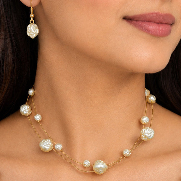Elegant Brass Pearl Necklace & Earrings Set with Shell-Coated Pearls