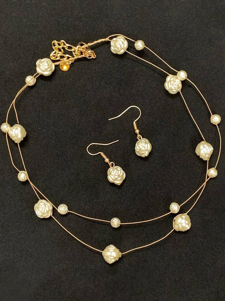Elegant Brass Pearl Necklace & Earrings Set with Shell-Coated Pearls