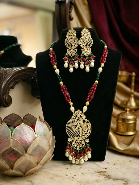 Elegant Peacock Design Brass Necklace Set with American Diamonds, Shell Pearls & Onyx