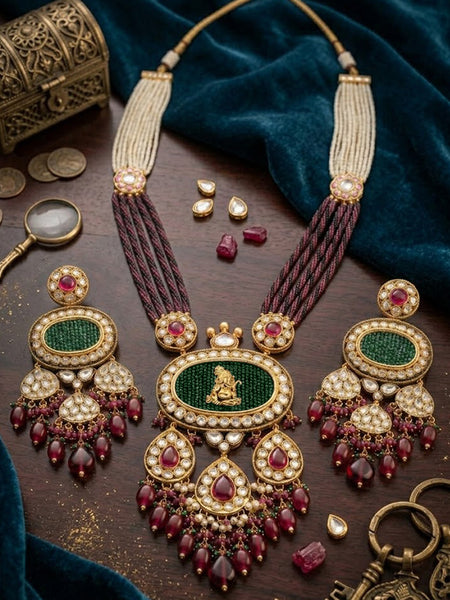 Royal Ganesha AD Polki Pendant Necklace Set with Shell Pearls & Onyx