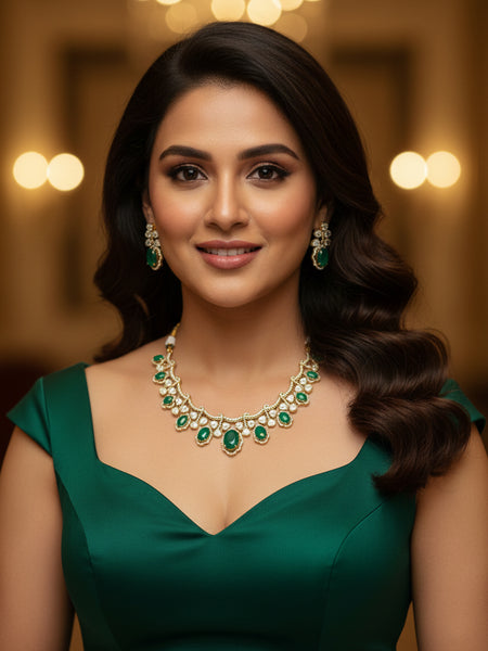 Emerald Green Victorian Polki Necklace Set with CZ Detailing