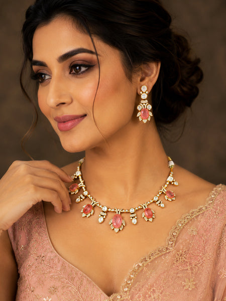 Elegant Peach Doublet Stone Necklace Set with AAA AD & Moissanite Polki Finish