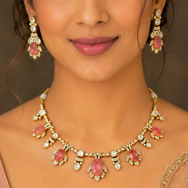Elegant Peach Doublet Stone Necklace Set with AAA AD & Moissanite Polki Finish