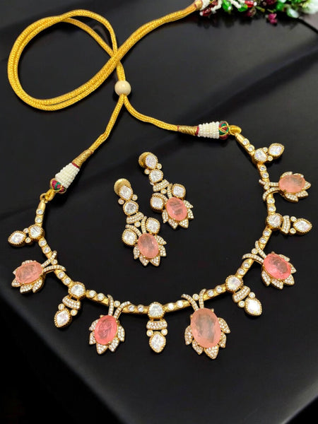 Elegant Peach Doublet Stone Necklace Set with AAA AD & Moissanite Polki Finish