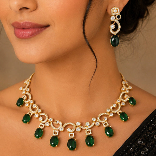Royal Emerald Green Moissanite Polki Necklace Set with AAA AD Stones