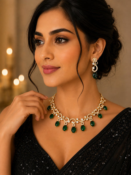 Royal Emerald Green Moissanite Polki Necklace Set with AAA AD Stones