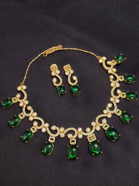 Royal Emerald Green Moissanite Polki Necklace Set with AAA AD Stones