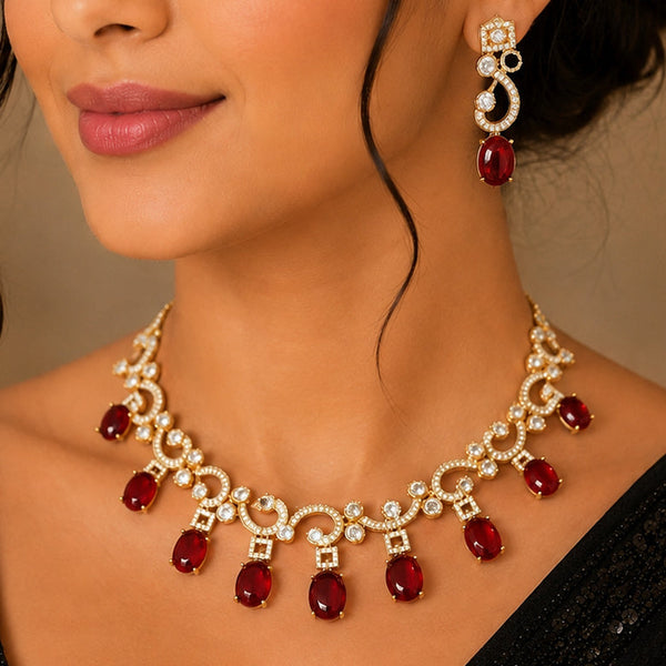 Royal Ruby Red Moissanite Polki Necklace Set with AAA AD Sparkle