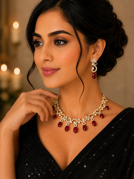Royal Ruby Red Moissanite Polki Necklace Set with AAA AD Sparkle