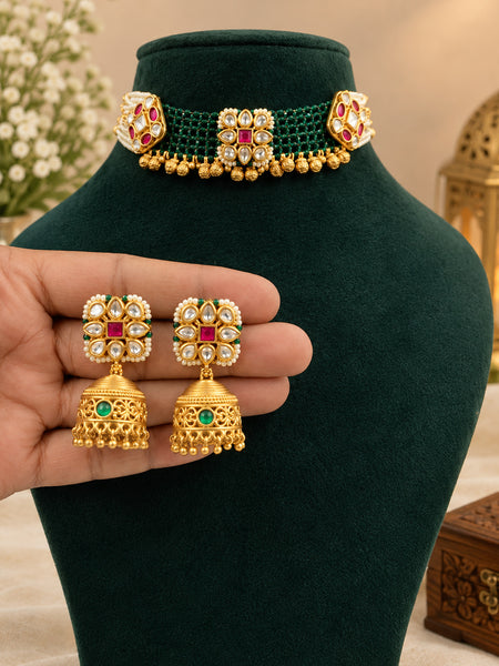 Traditional Golden Polki Jhumka Earrings with Green and Ruby Stone Detailing