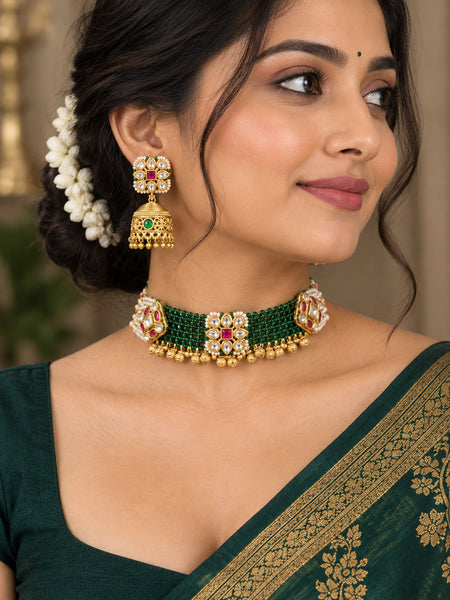 Traditional Golden Polki Jhumka Earrings with Green and Ruby Stone Detailing