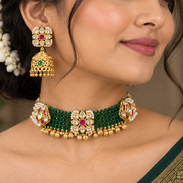 Traditional Golden Polki Jhumka Earrings with Green and Ruby Stone Detailing