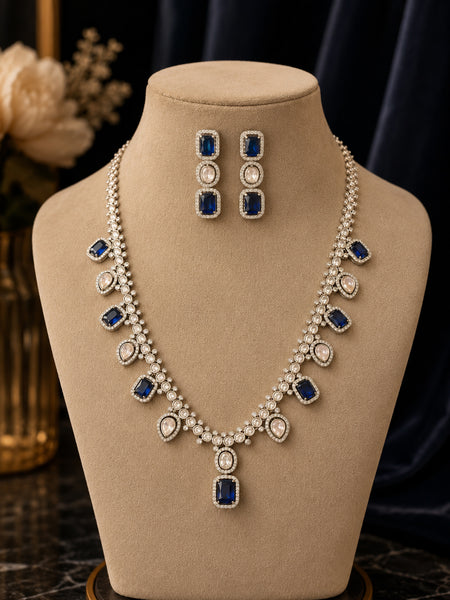 Premium Blue Stone & American Diamond Necklace Set | Elegant Party Wear Jewelry