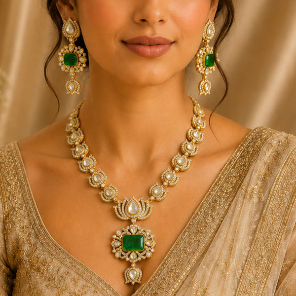 Royal Victorian Emerald Doublet Necklace Set with Moissanite Polki & AAA AD