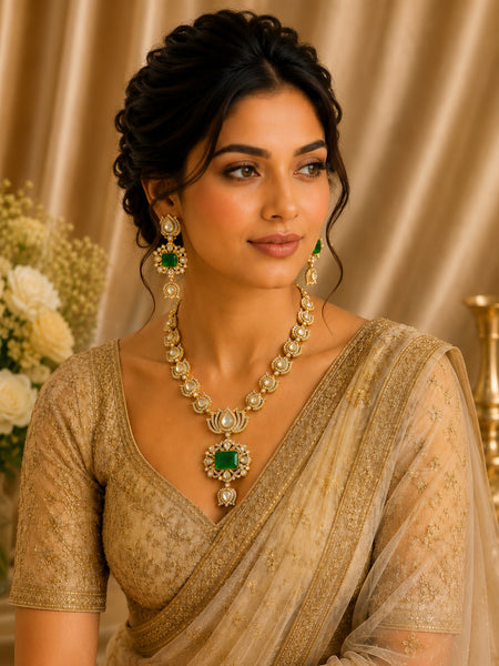 Royal Victorian Emerald Doublet Necklace Set with Moissanite Polki & AAA AD