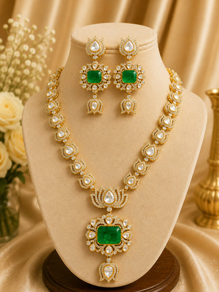Royal Victorian Emerald Doublet Necklace Set with Moissanite Polki & AAA AD