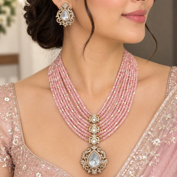 Elegant Pink Beaded Long Necklace Set with Polki Pendant and Matching Earrings