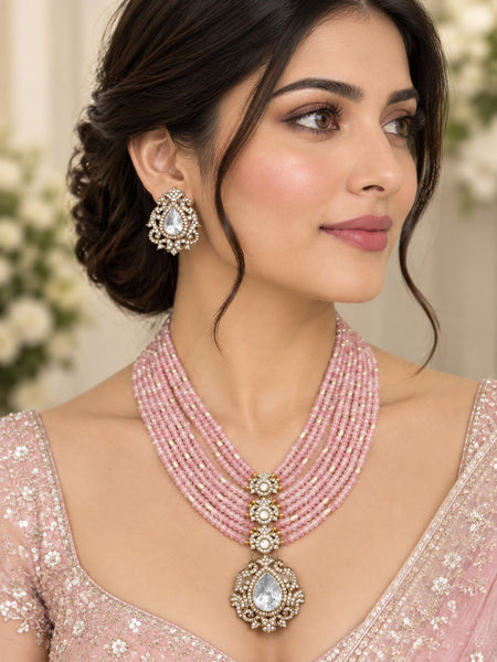 Elegant Pink Beaded Long Necklace Set with Polki Pendant and Matching Earrings