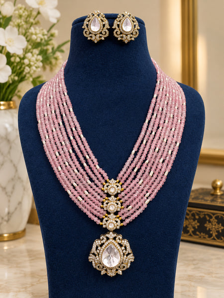 Elegant Pink Beaded Long Necklace Set with Polki Pendant and Matching Earrings