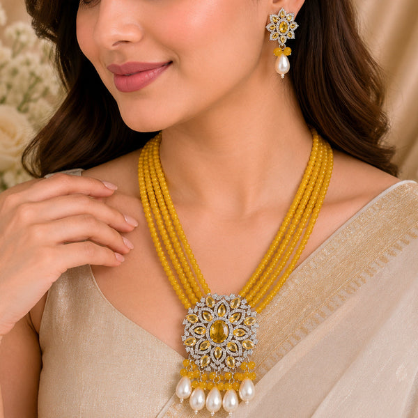 Yellow Beaded Statement Necklace Set with Floral Pendant & Pearl Drops
