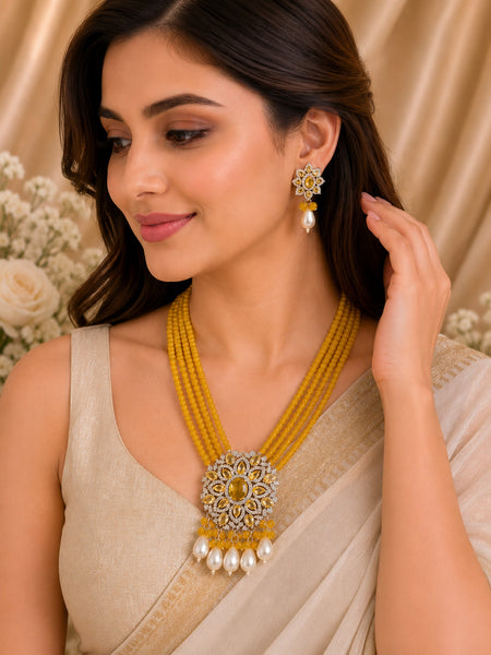 Yellow Beaded Statement Necklace Set with Floral Pendant & Pearl Drops