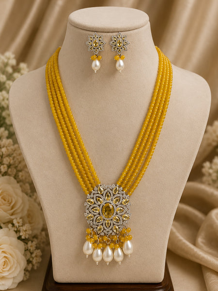 Yellow Beaded Statement Necklace Set with Floral Pendant & Pearl Drops