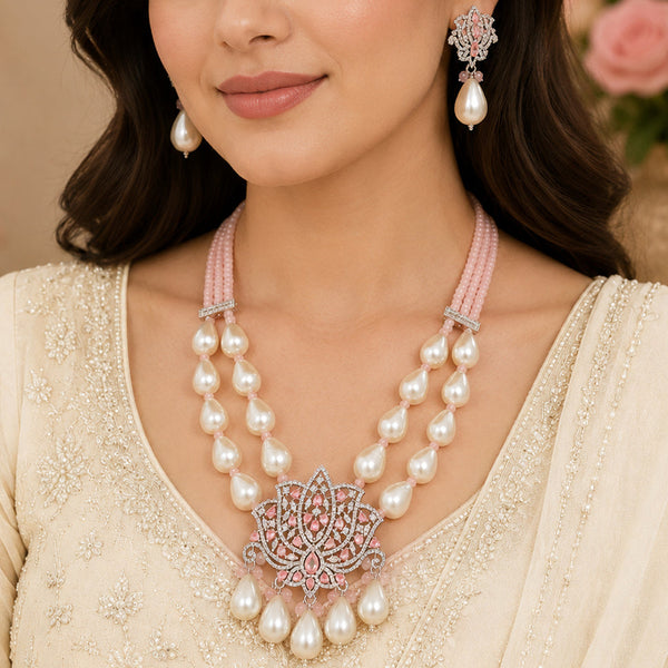 Pink Pearl Beaded Lotus Pendant Necklace Set with AAA Quality AD