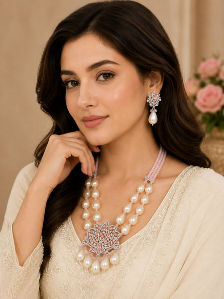 Pink Pearl Beaded Lotus Pendant Necklace Set with AAA Quality AD