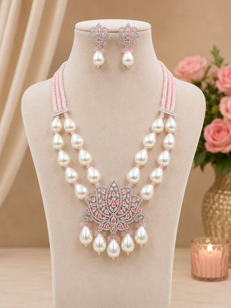 Pink Pearl Beaded Lotus Pendant Necklace Set with AAA Quality AD