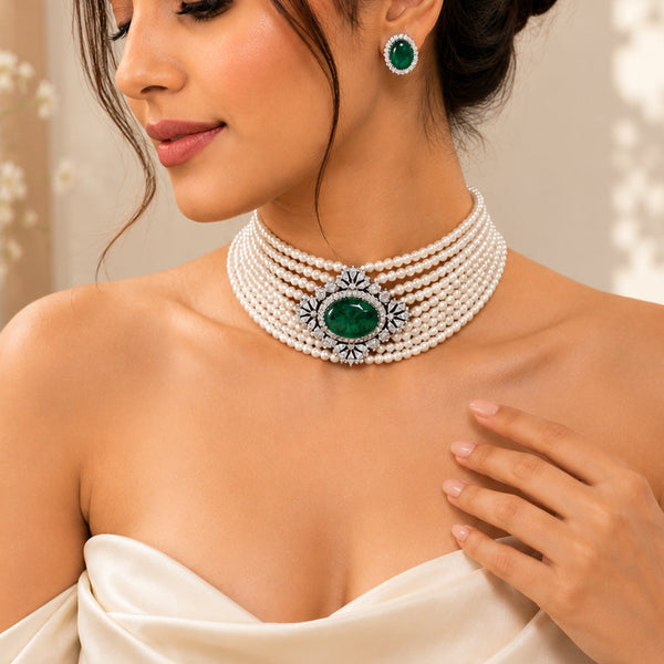 Premium Silver-Plated Green Doublet Choker Set with AAA AD Stones & Pearl Detailing – Elegant Designer Jewellery