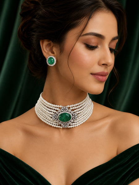 Premium Silver-Plated Green Doublet Choker Set with AAA AD Stones & Pearl Detailing – Elegant Designer Jewellery