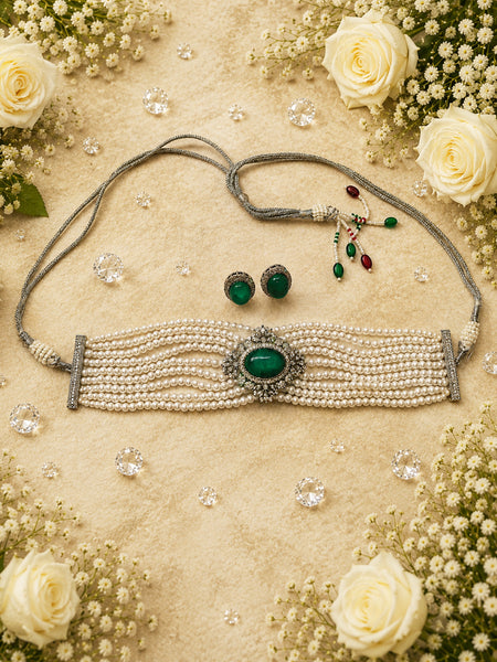 Premium Silver-Plated Green Doublet Choker Set with AAA AD Stones & Pearl Detailing – Elegant Designer Jewellery