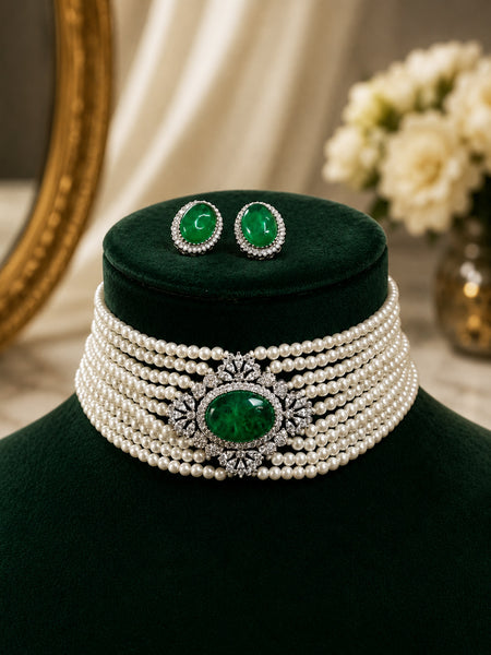 Premium Silver-Plated Green Doublet Choker Set with AAA AD Stones & Pearl Detailing – Elegant Designer Jewellery