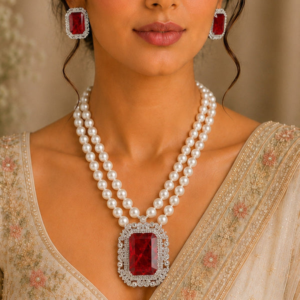 Double Strand Pearl Necklace Set with Emerald-Cut Ruby Doublet Pendant & Earrings in Silver Brass