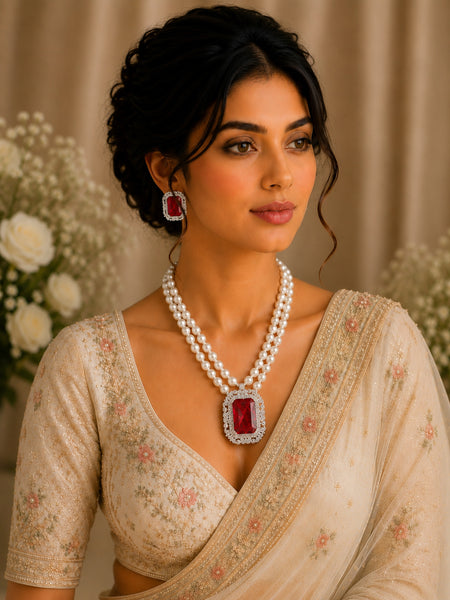 Double Strand Pearl Necklace Set with Emerald-Cut Ruby Doublet Pendant & Earrings in Silver Brass
