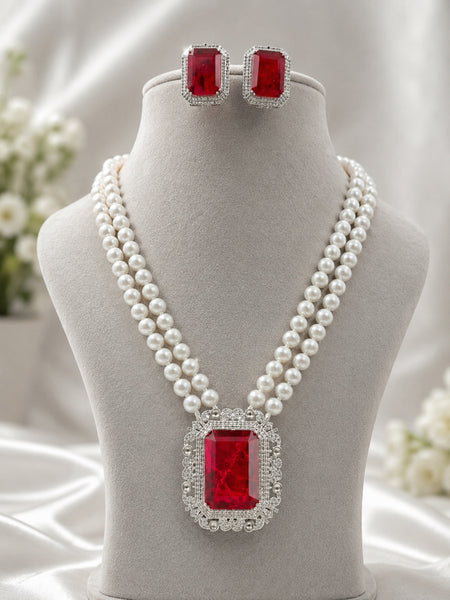 Double Strand Pearl Necklace Set with Emerald-Cut Ruby Doublet Pendant & Earrings in Silver Brass