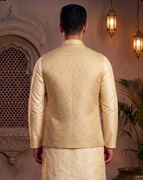 Elegant Royal Golden  Brocade Nehru Jacket  for Men By Treemoda