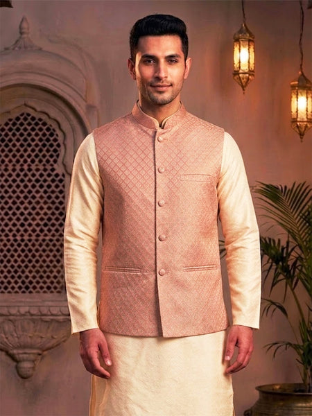 Classic Salmon Pink Brocade Nehru Jacket for Men By Treemoda
