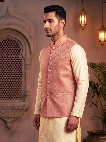 Classic Salmon Pink Brocade Nehru Jacket for Men By Treemoda