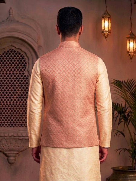 Classic Salmon Pink Brocade Nehru Jacket for Men By Treemoda