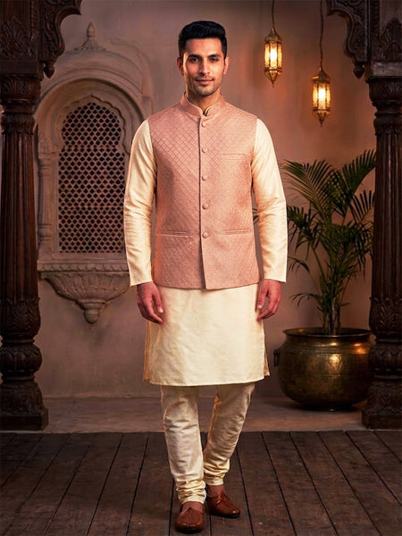 Classic Salmon Pink Brocade Nehru Jacket for Men By Treemoda