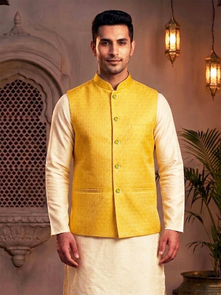 Elegant Yellow Brocade Nehru Jacket Set for Men By Treemoda