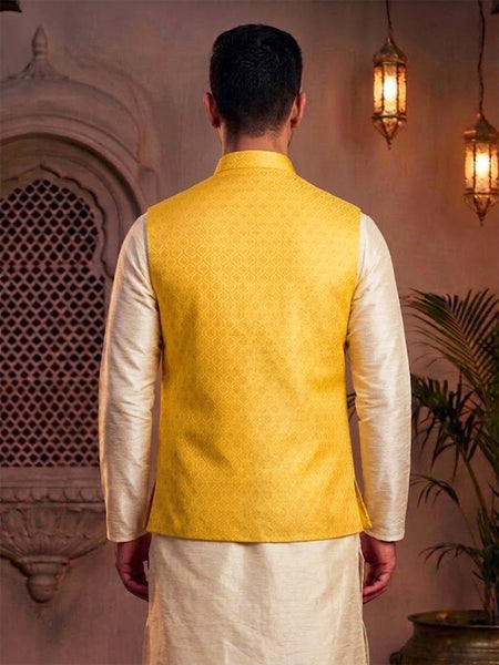 Elegant Yellow Brocade Nehru Jacket Set for Men By Treemoda