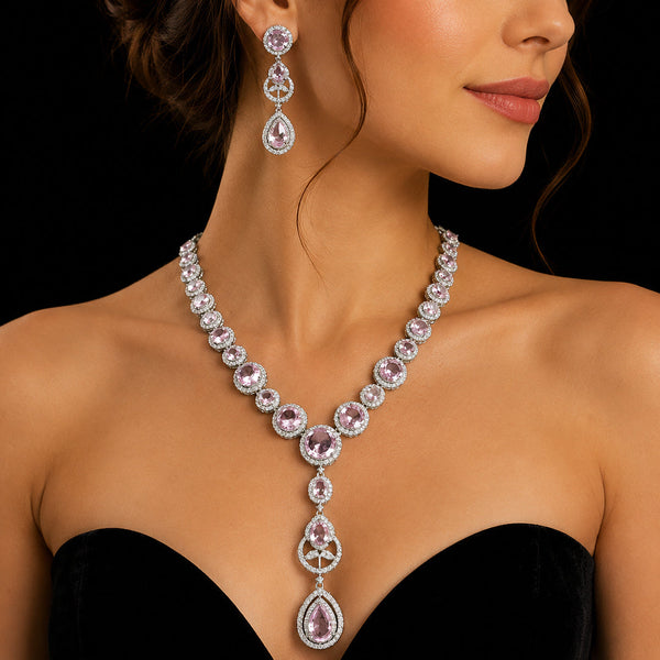 Premium Pink Crystal & American Diamond Necklace Set | Elegant Party Wear Jewelry